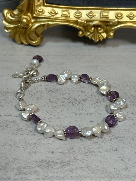 925 Sterling Silver Jewelry - Beautiful Freshwater Pearl and Amethyst 925 Sterling Bracelet - White & Purple